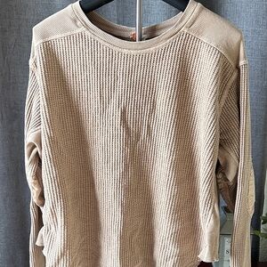 Casual Beige Waffle Knit Long Sleeve Top